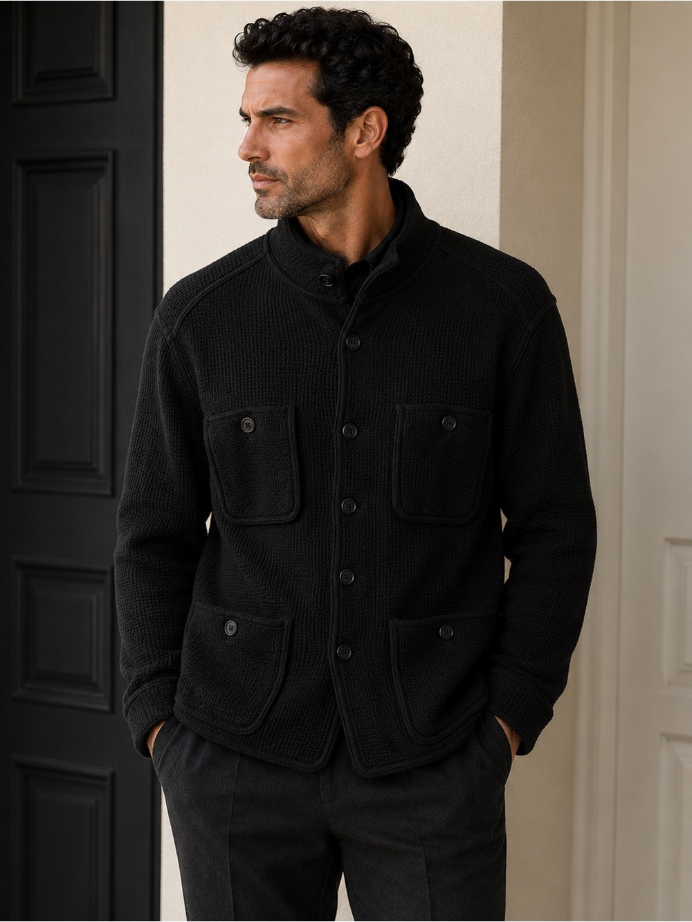 John Varvatos USA chore jacket in black textured waffle-knit and Sherpa Lining.